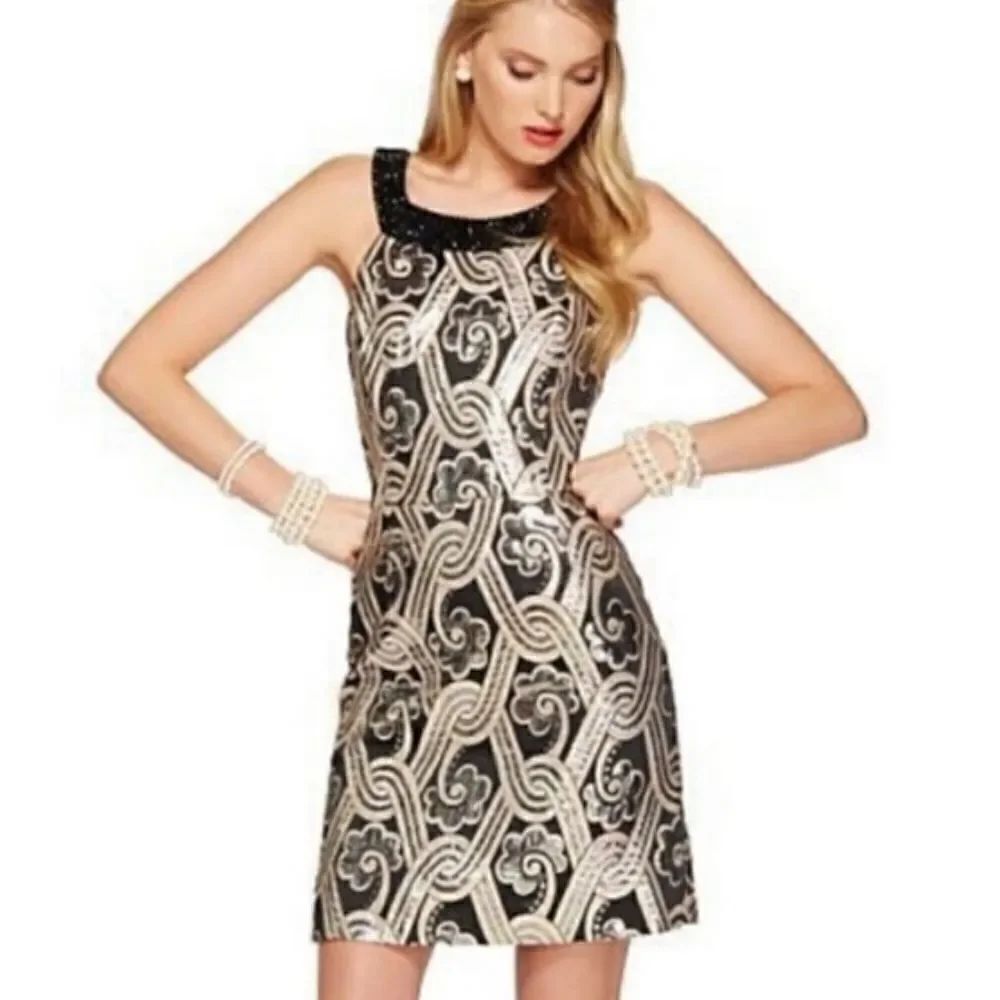 Lilly Pulitzer Sydney Black Metallic Gold Contemporary Bead Collar Shift Dress